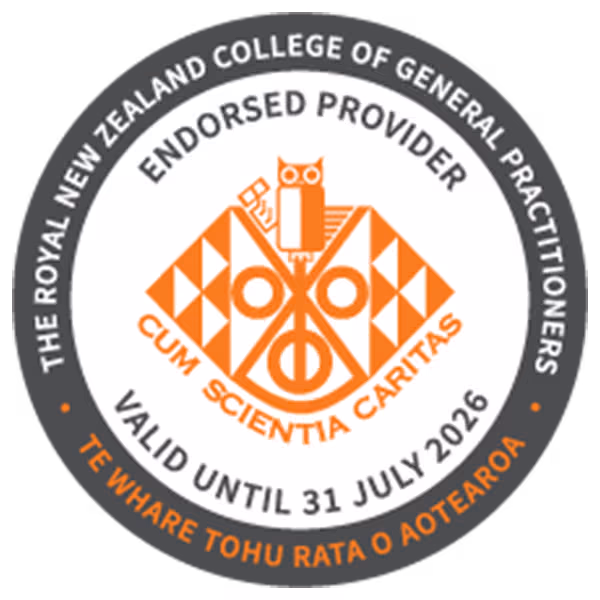 Royal New Zealand College of General Practitioners (RNZCGP) Endorsed Provider badge with a circular design, Māori-inspired orange emblem, and text indicating accreditation validity.